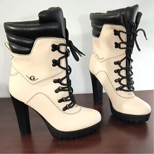 Guess Tessey High Heel Platform Booties Women's Size 8 Cream Black Lace Up